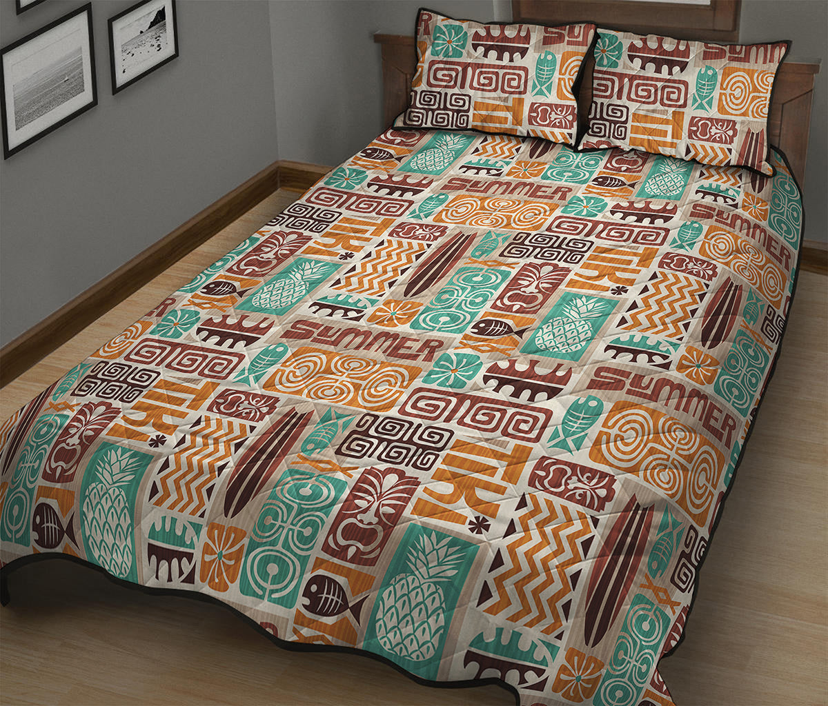 Tropical Tiki Pattern Print Quilt Bed Set