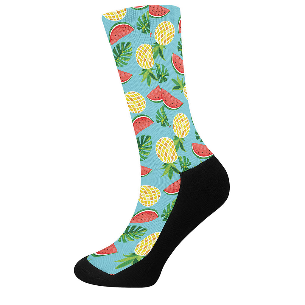 Tropical Watermelon And Pineapple Print Crew Socks