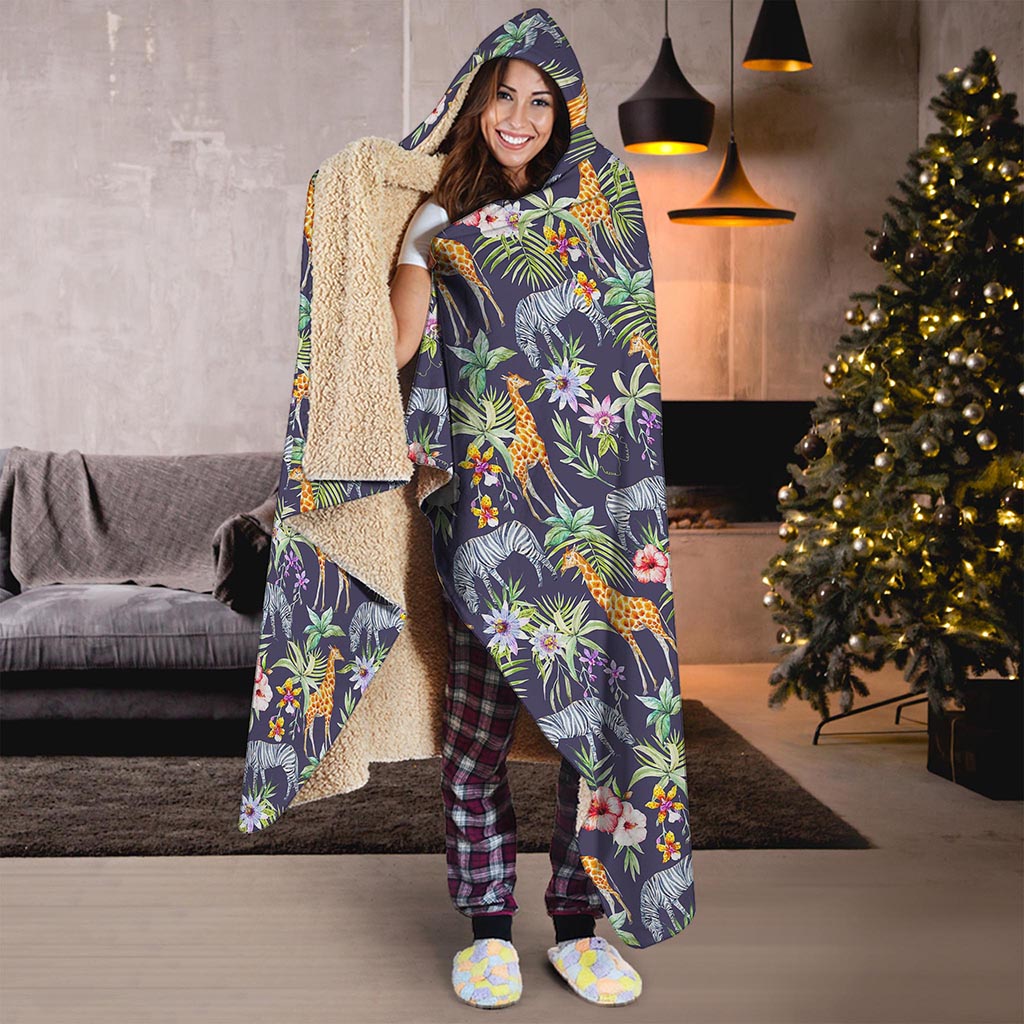 Tropical Zebra Giraffe Pattern Print Hooded Blanket
