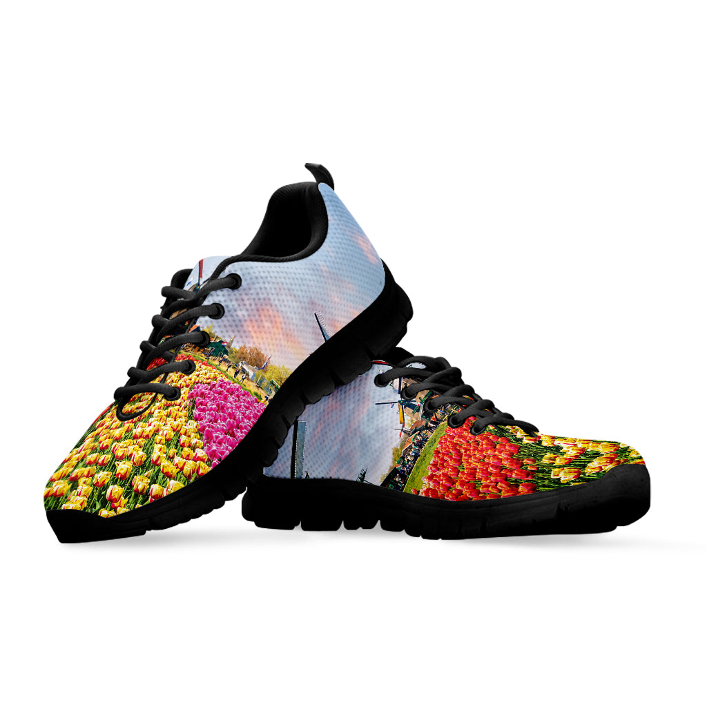 Tulip Field Print Black Sneakers
