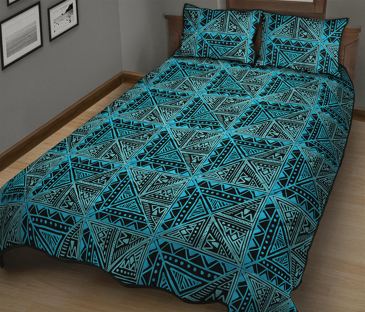 Turquoise African Ethnic Pattern Print Quilt Bed Set