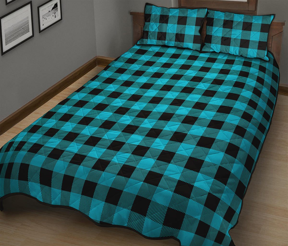 Turquoise And Black Buffalo Check Print Quilt Bed Set