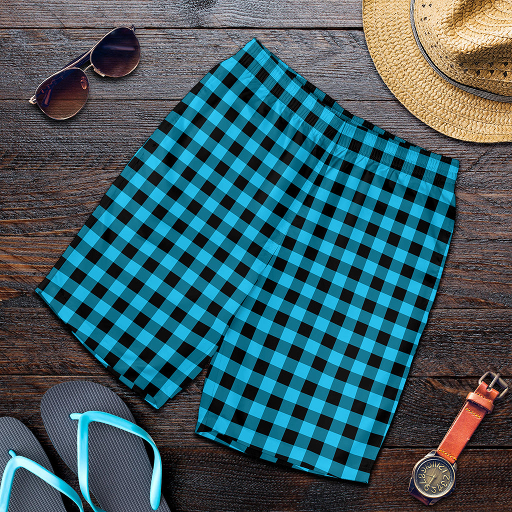 Turquoise And Black Check Pattern Print Men's Shorts
