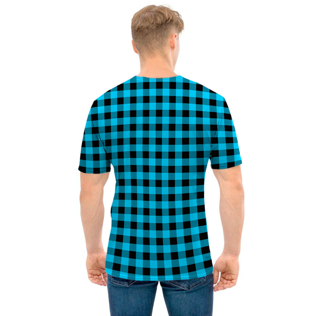 Turquoise And Black Check Pattern Print Men's T-Shirt