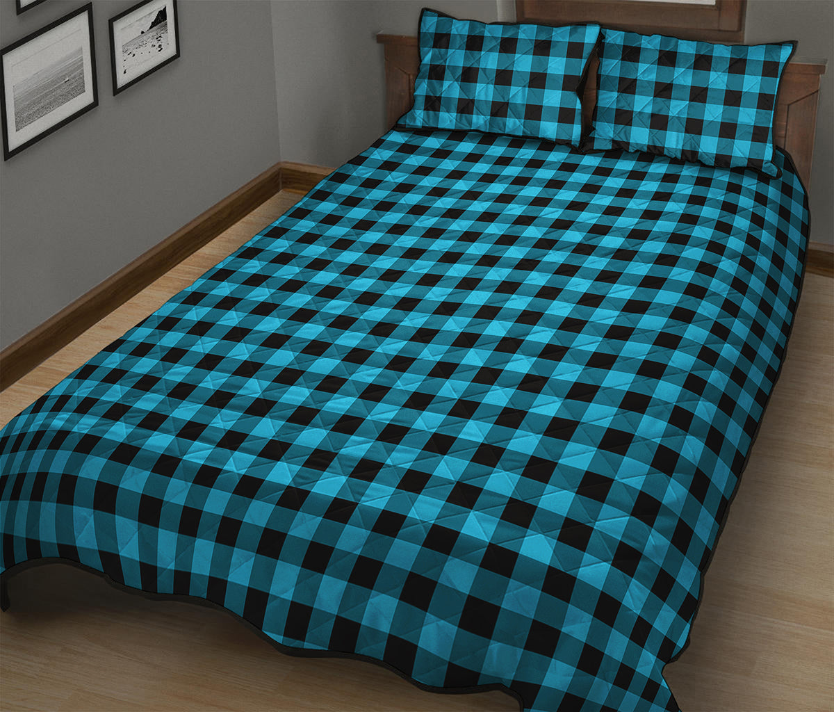 Turquoise And Black Check Pattern Print Quilt Bed Set
