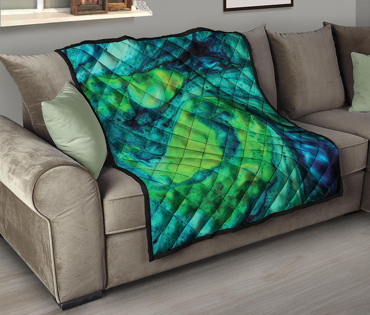 Turquoise And Green Acid Melt Print Quilt