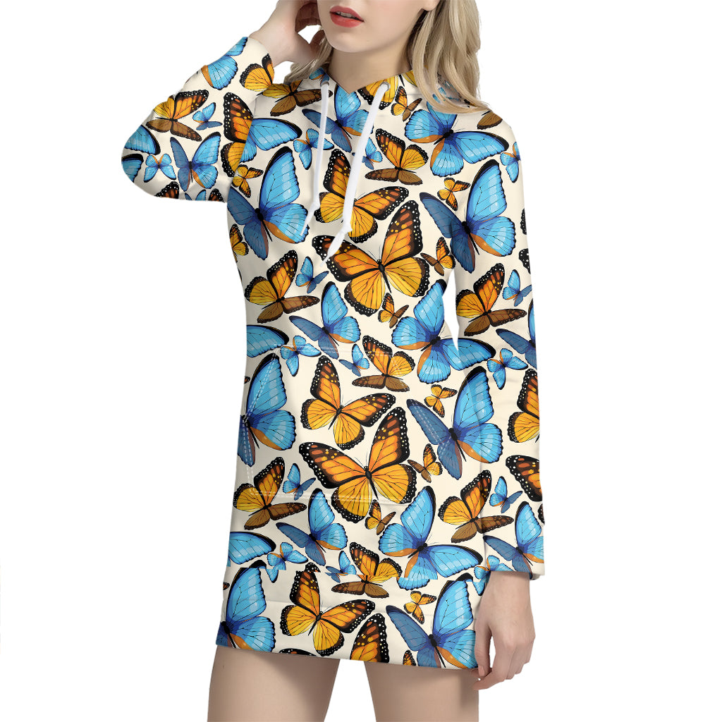 Turquoise And Orange Butterfly Print Hoodie Dress