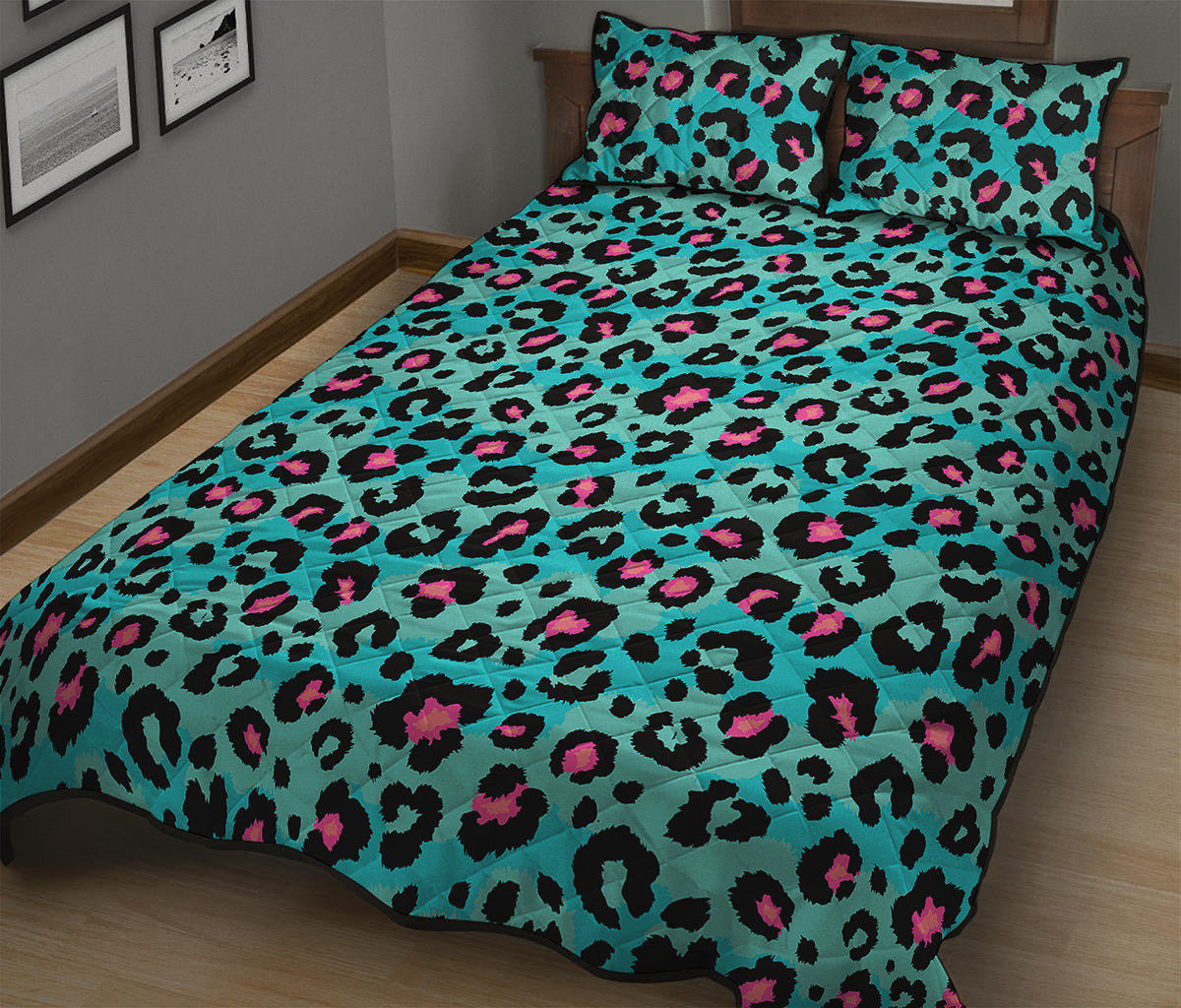 Turquoise And Pink Leopard Print Quilt Bed Set