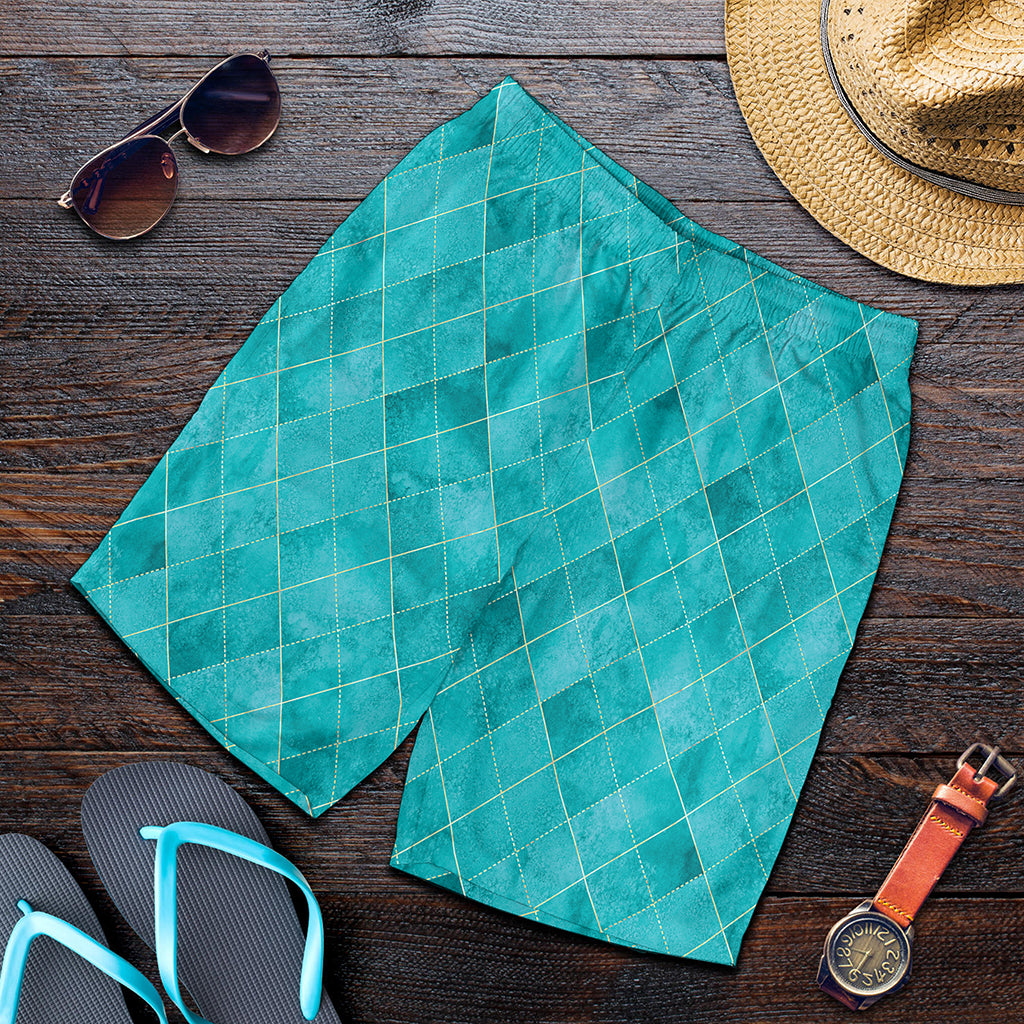 Turquoise Argyle Pattern Print Men's Shorts