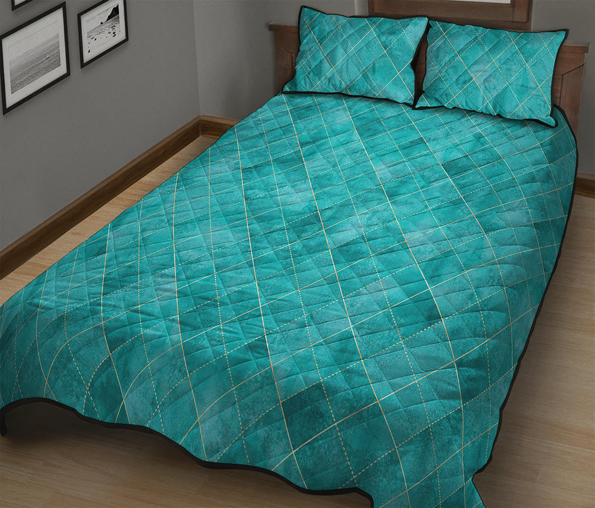 Turquoise Argyle Pattern Print Quilt Bed Set