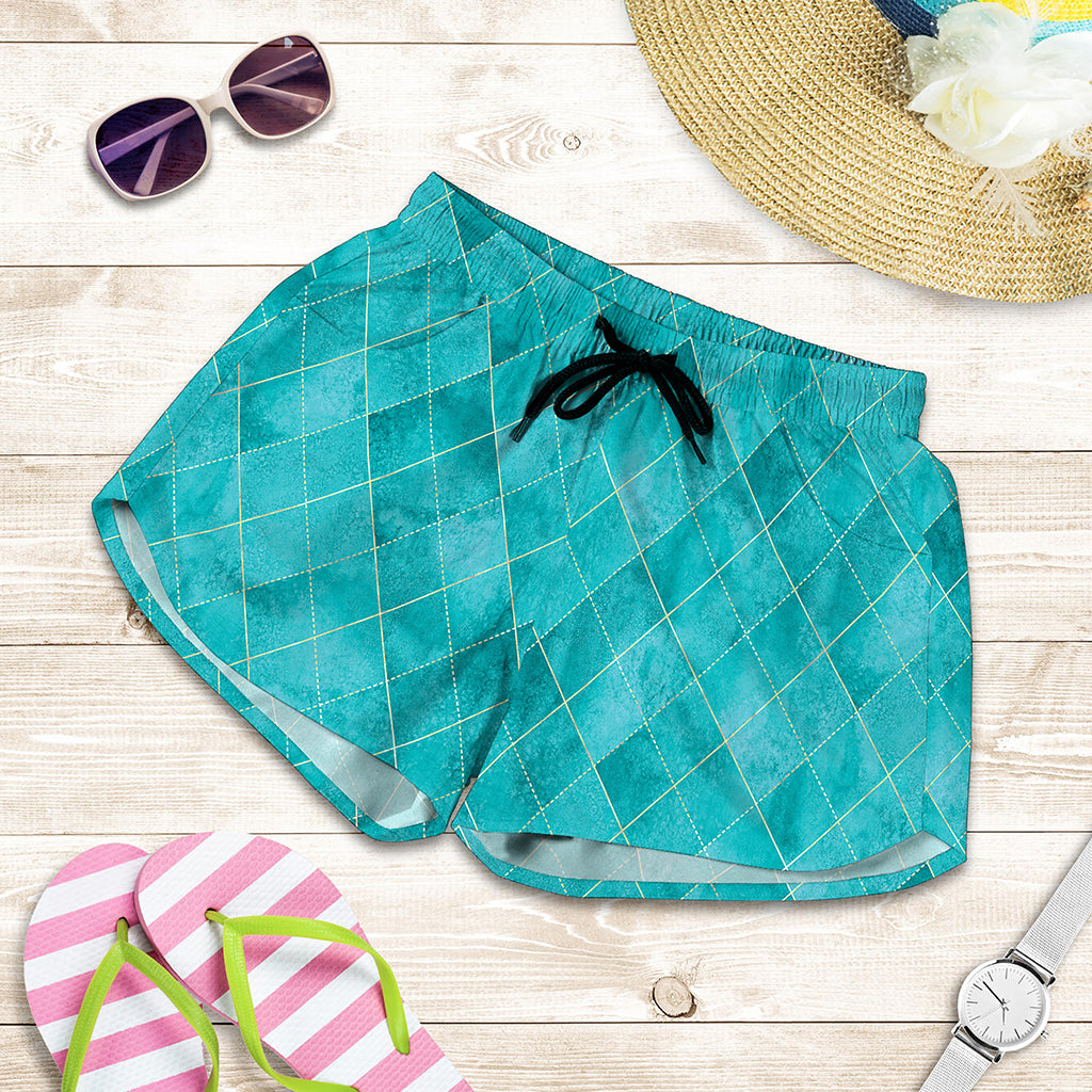 Turquoise Argyle Pattern Print Women's Shorts