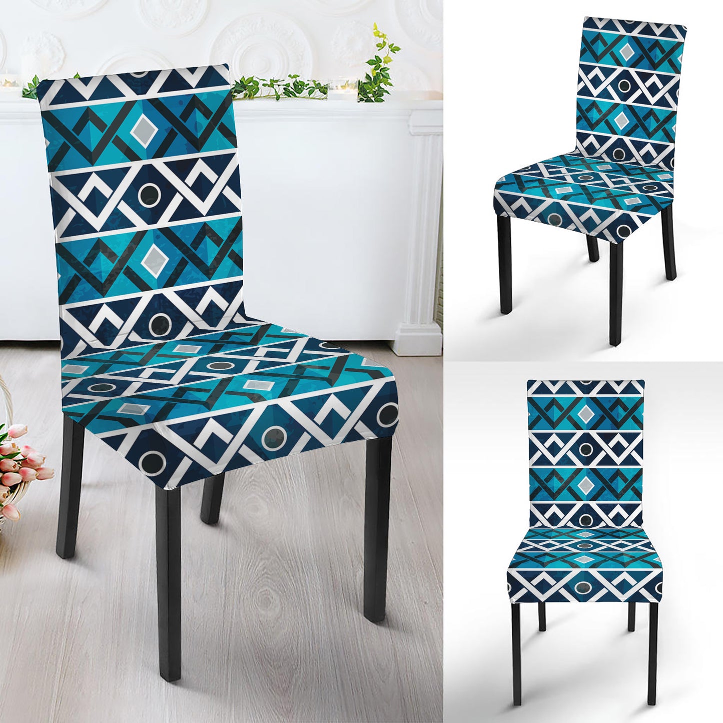 Turquoise Aztec Geometric Pattern Print Dining Chair Slipcover