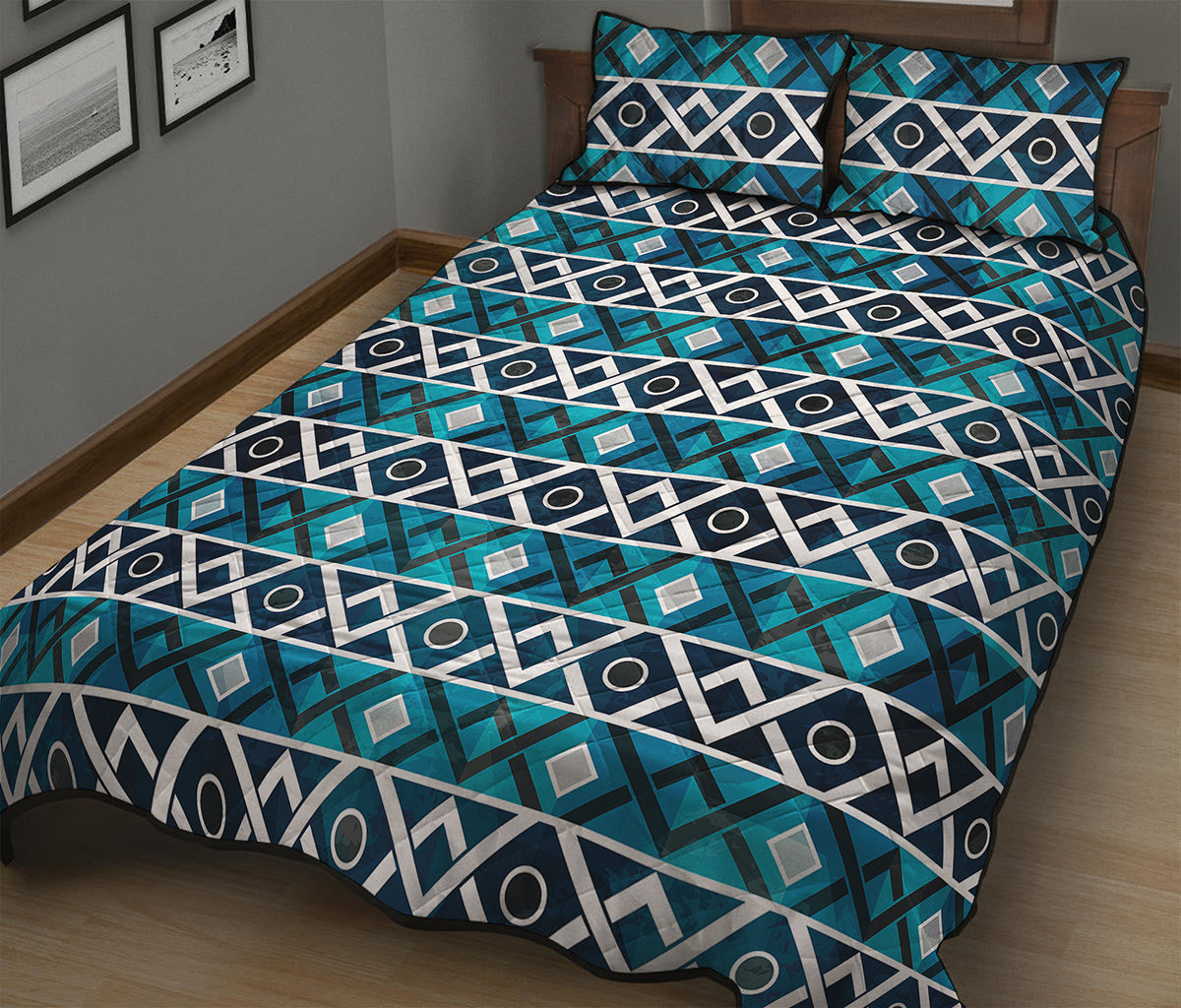 Turquoise Aztec Geometric Pattern Print Quilt Bed Set