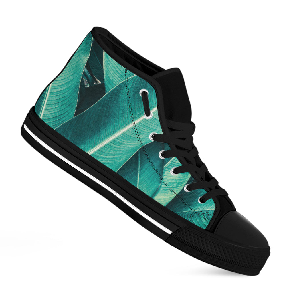 Turquoise Banana Leaf Print Black High Top Shoes