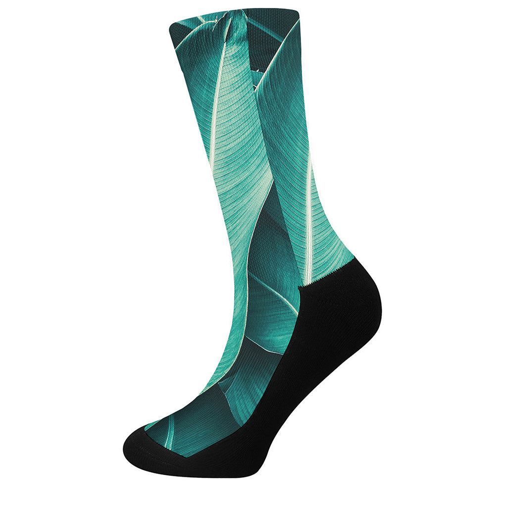 Turquoise Banana Leaf Print Crew Socks