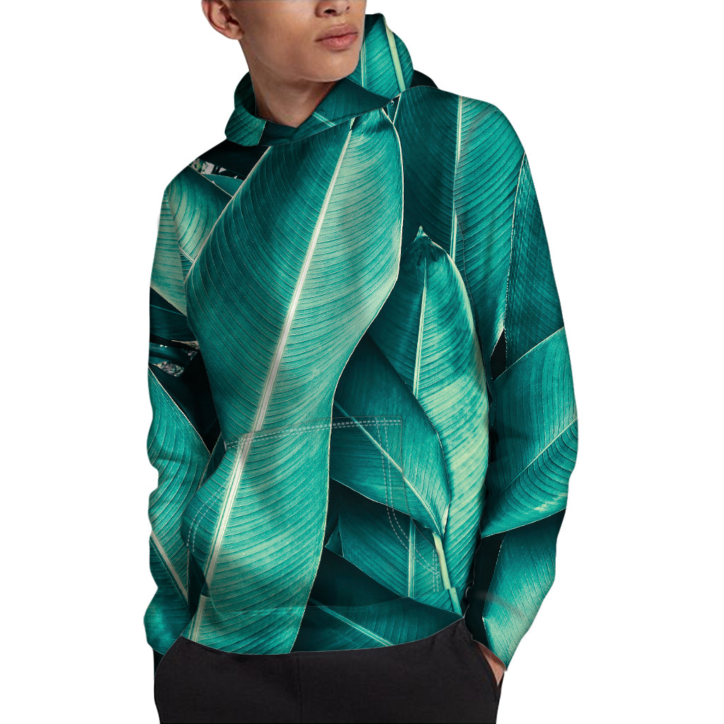Turquoise Banana Leaf Print Pullover Hoodie