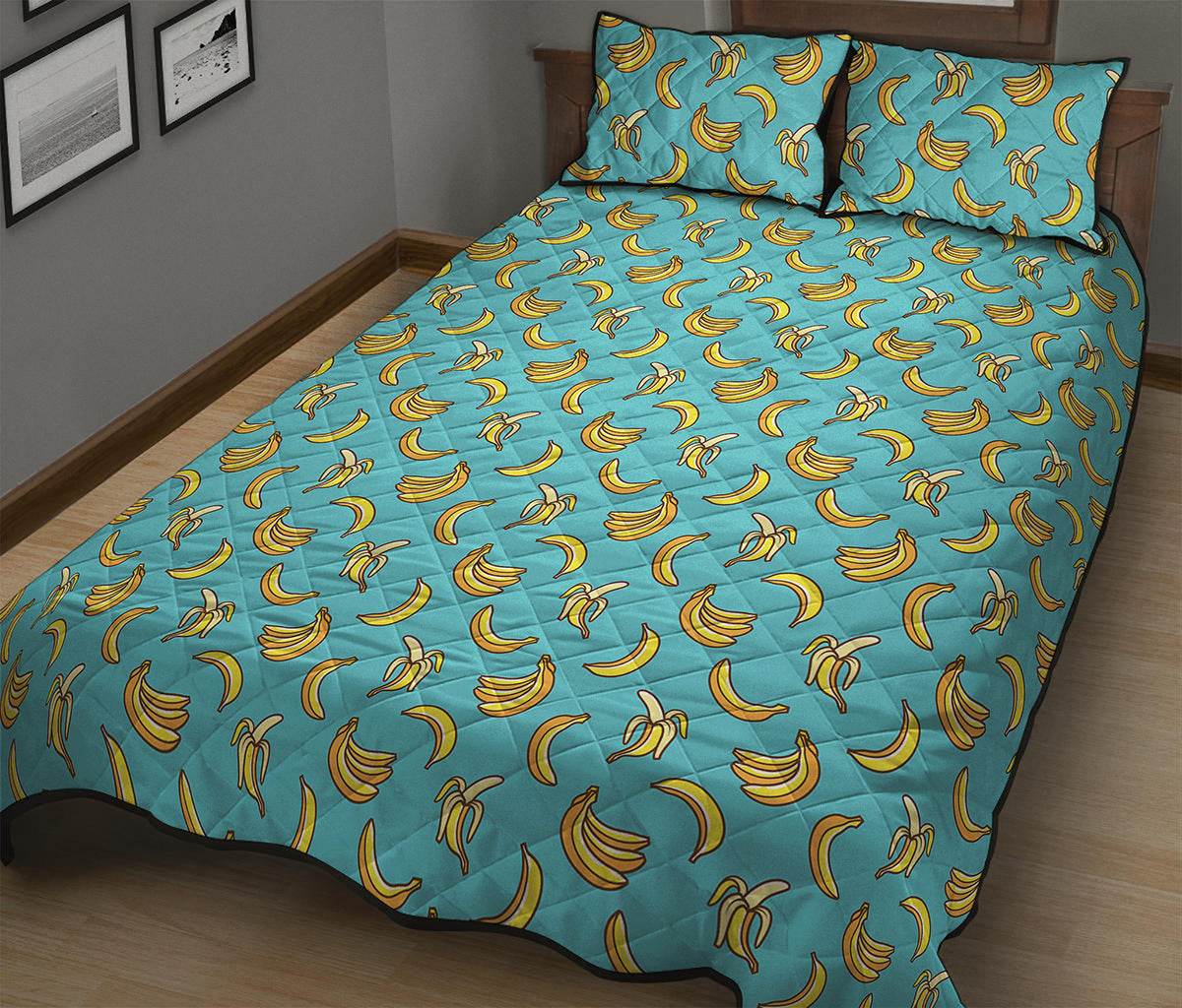 Turquoise Banana Pattern Print Quilt Bed Set