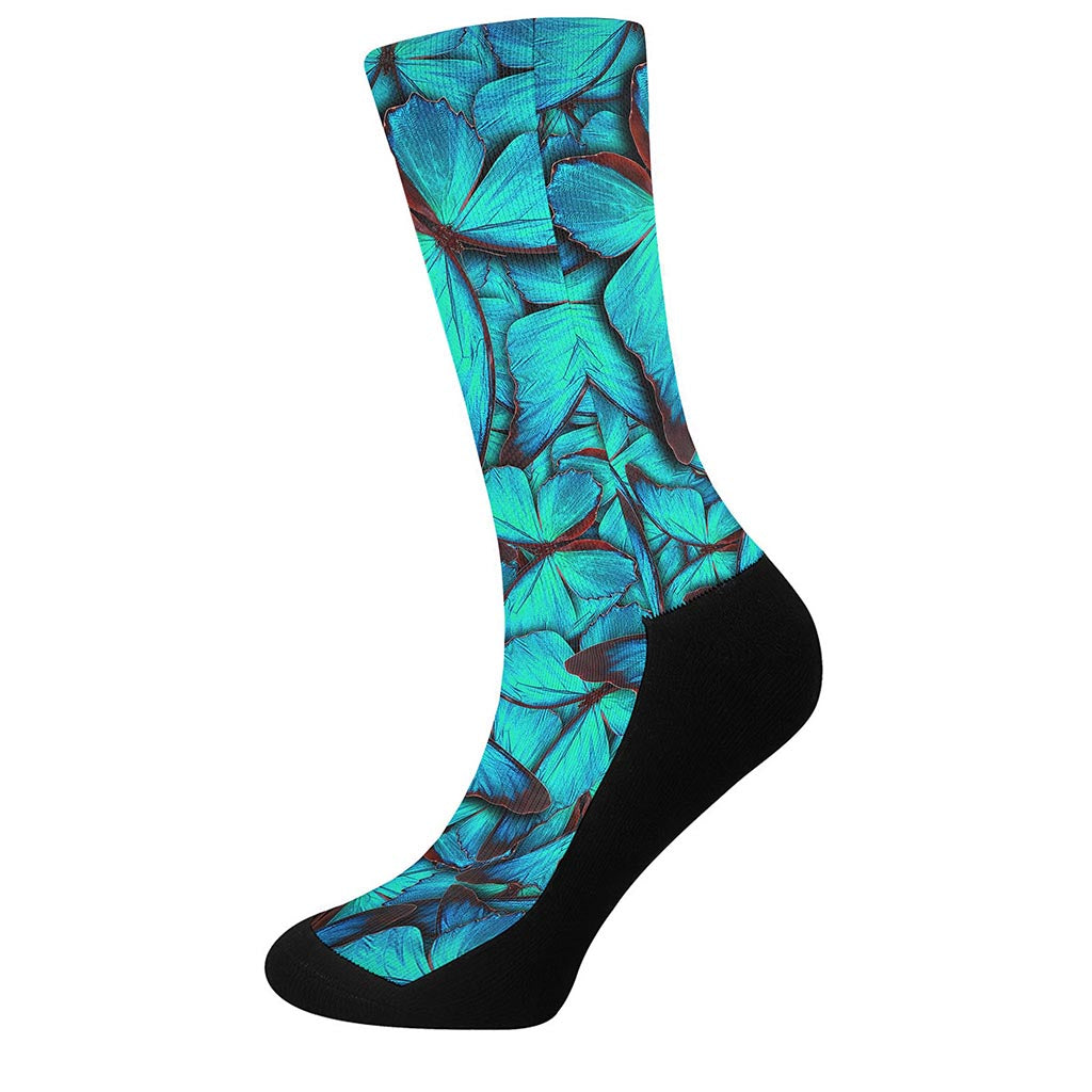 Turquoise Butterfly Pattern Print Crew Socks