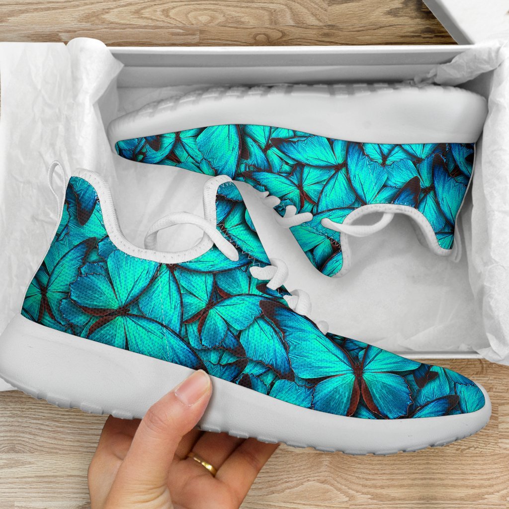 Turquoise Butterfly Pattern Print Mesh Knit Shoes GearFrost