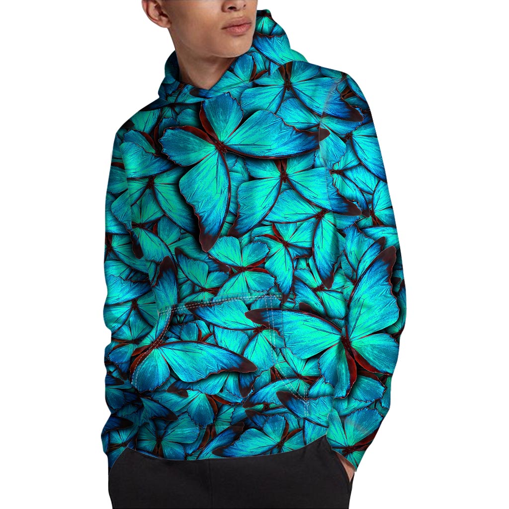 Turquoise Butterfly Pattern Print Pullover Hoodie