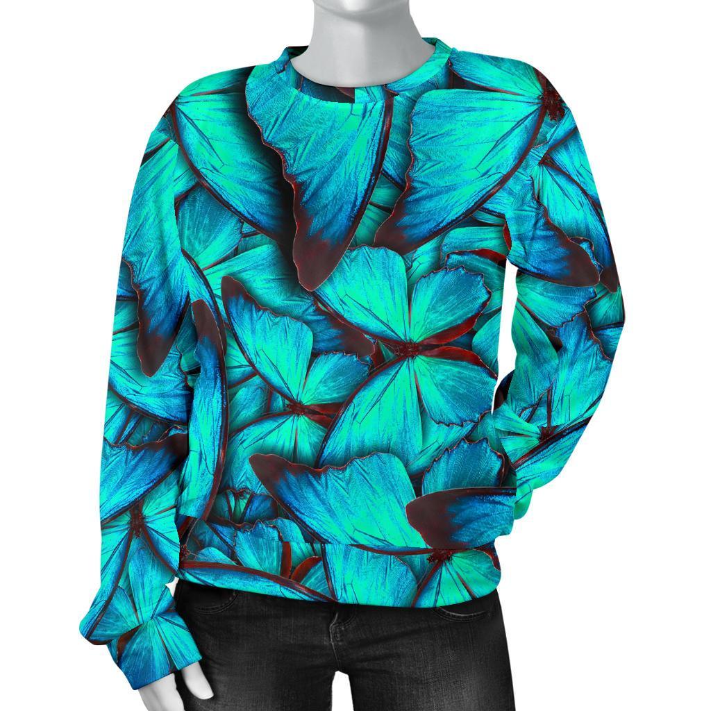 Turquoise Butterfly Pattern Print Women's Crewneck Sweatshirt GearFrost