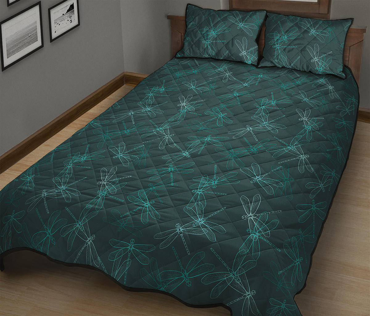 Turquoise Dragonfly Pattern Print Quilt Bed Set