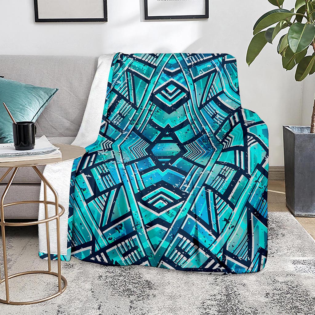Turquoise Ethnic Aztec Trippy Print Blanket