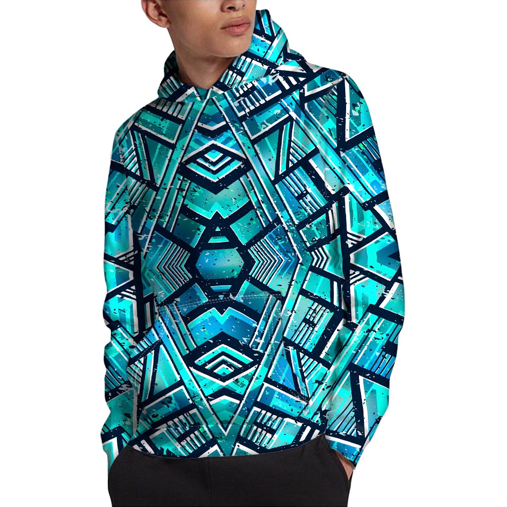 Turquoise Ethnic Aztec Trippy Print Pullover Hoodie