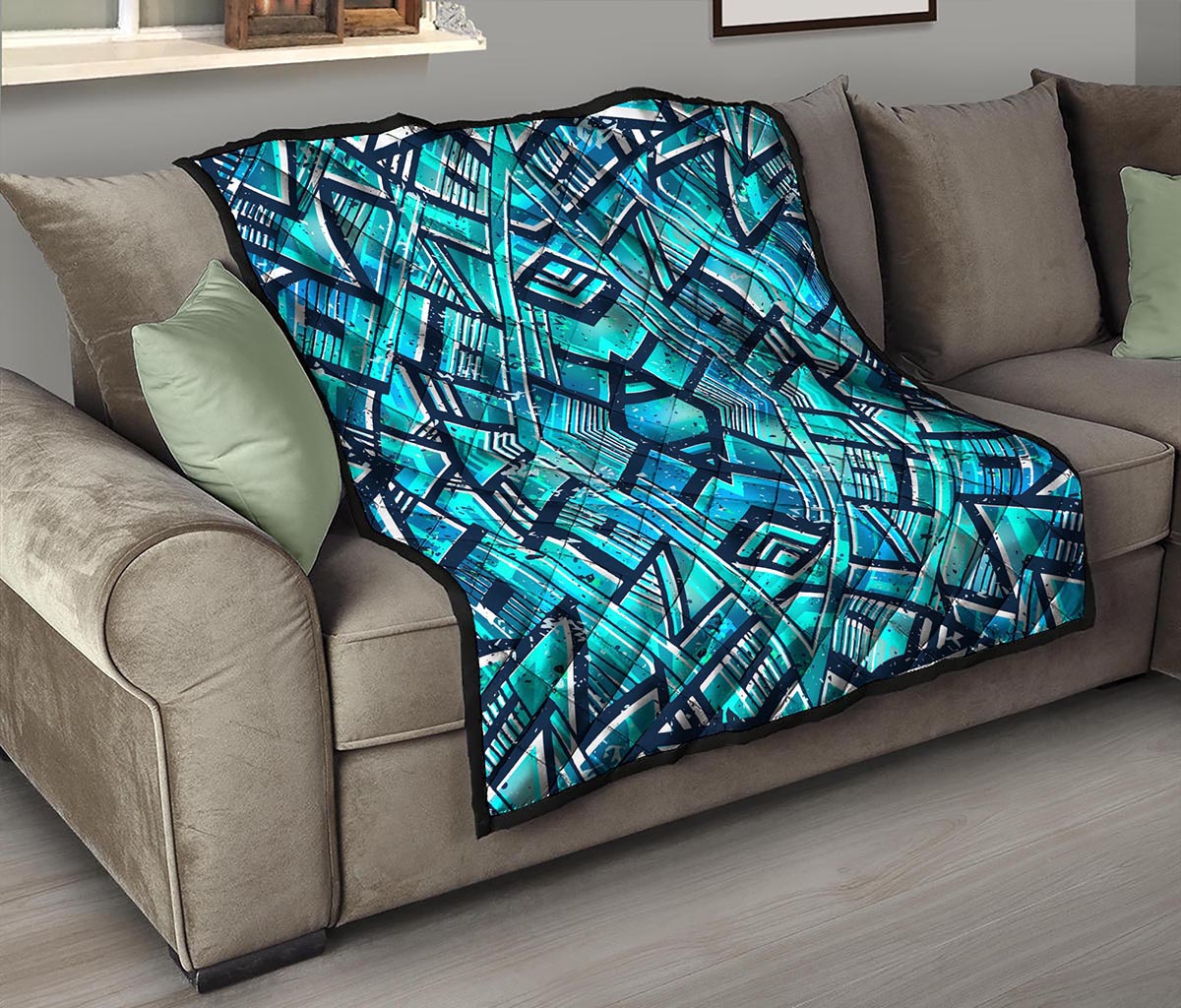 Turquoise Ethnic Aztec Trippy Print Quilt