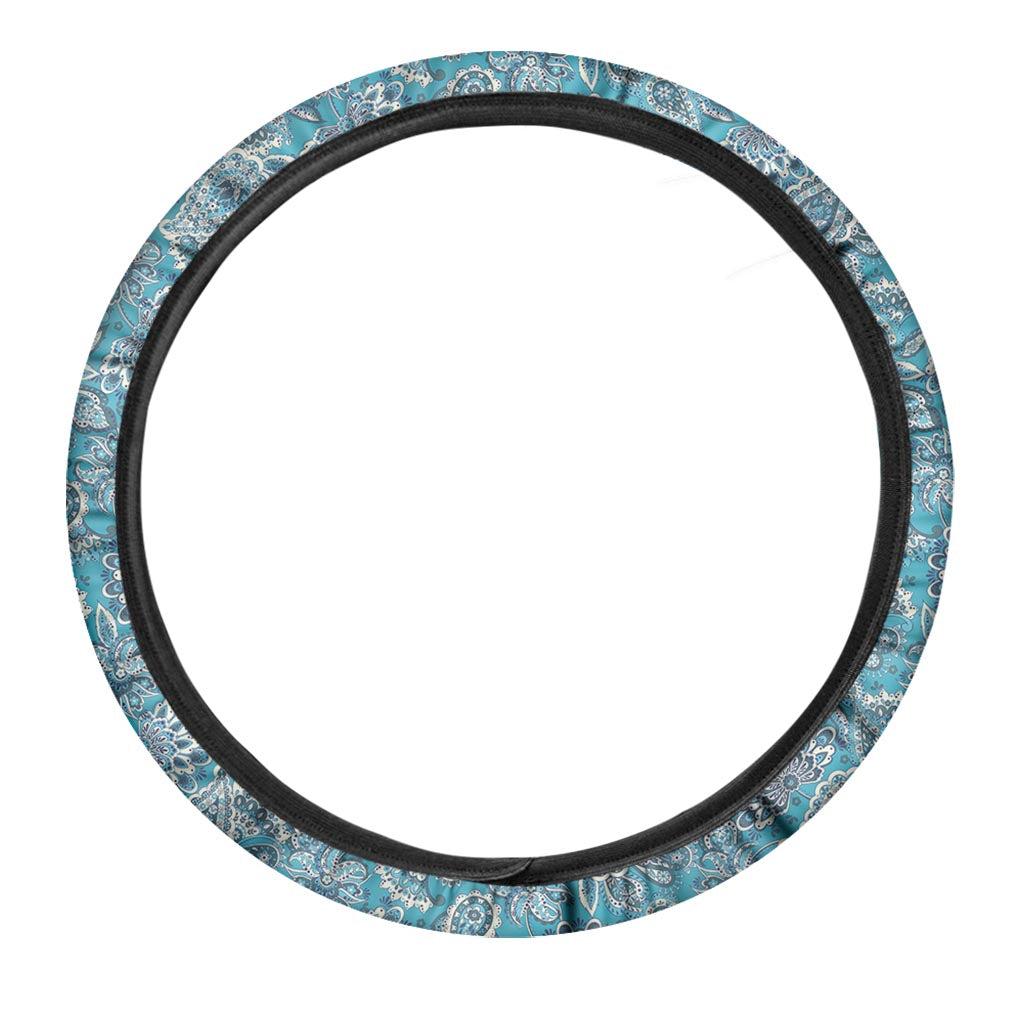Turquoise Floral Bohemian Pattern Print Car Steering Wheel Cover