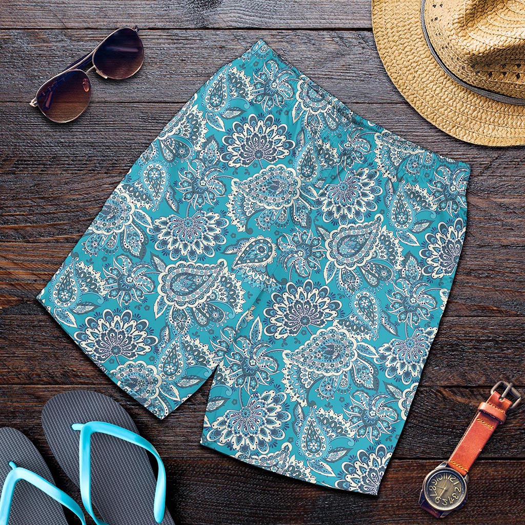 Turquoise Floral Bohemian Pattern Print Men's Shorts