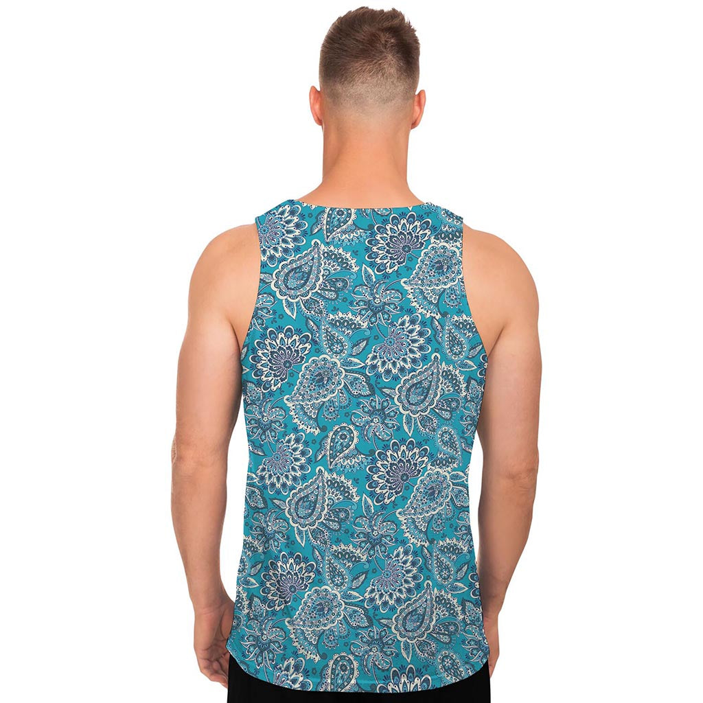 Turquoise Floral Bohemian Pattern Print Men's Tank Top