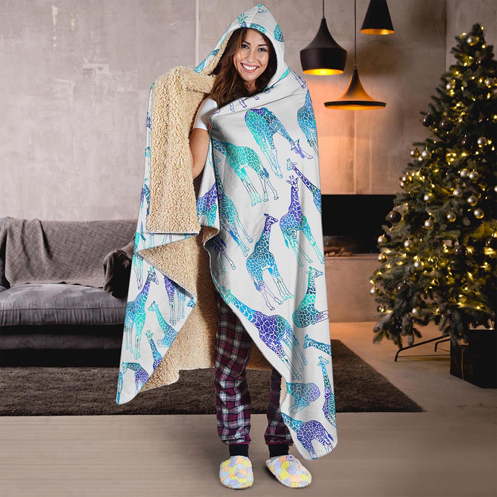 Turquoise Giraffe Pattern Print Hooded Blanket