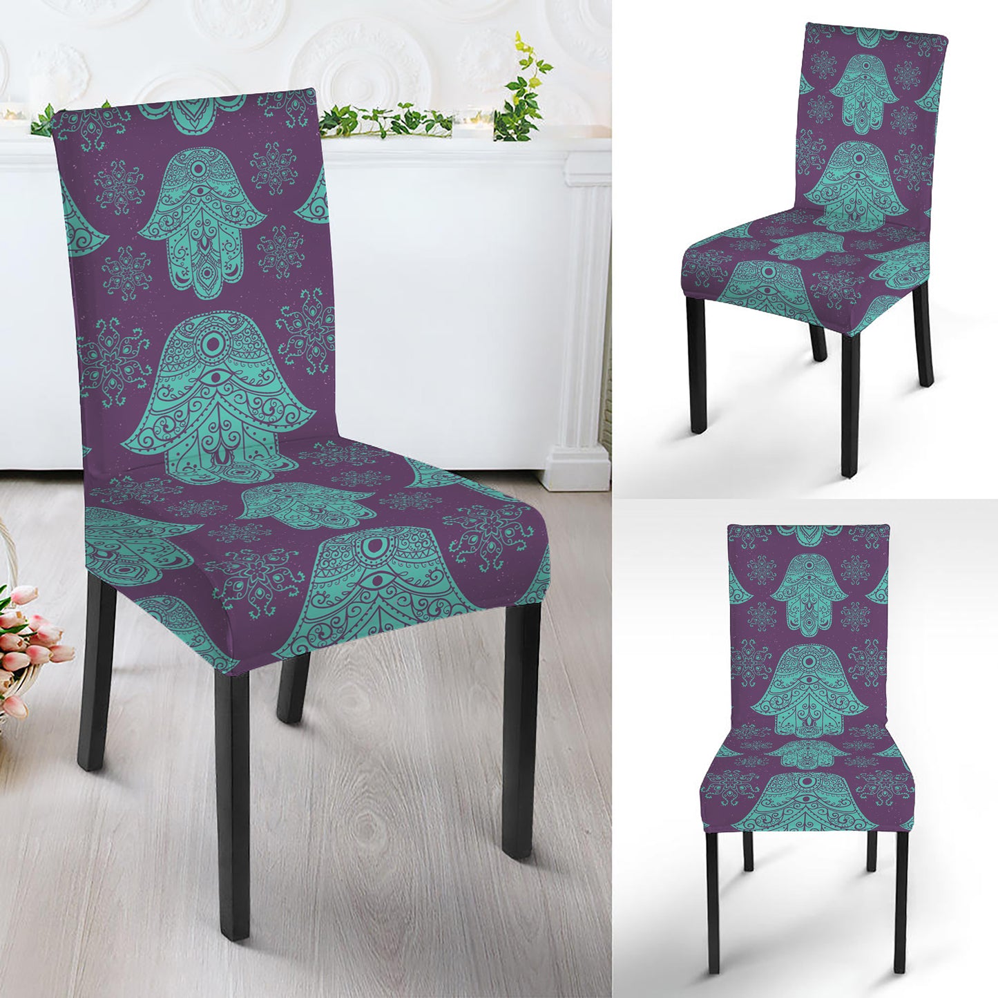Turquoise Hamsa Pattern Print Dining Chair Slipcover