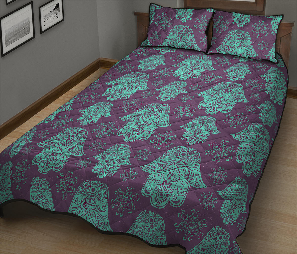 Turquoise Hamsa Pattern Print Quilt Bed Set