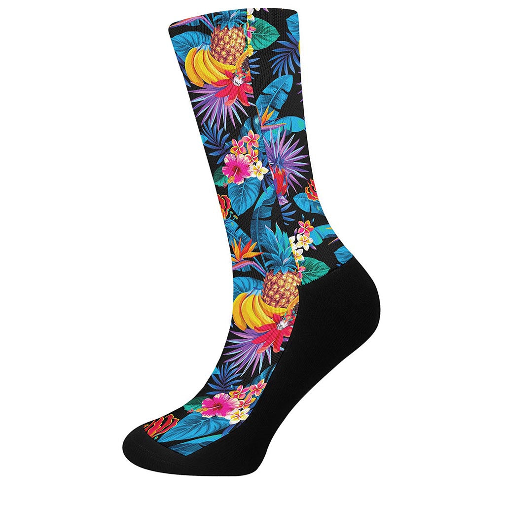 Turquoise Hawaiian Fruits Pattern Print Crew Socks