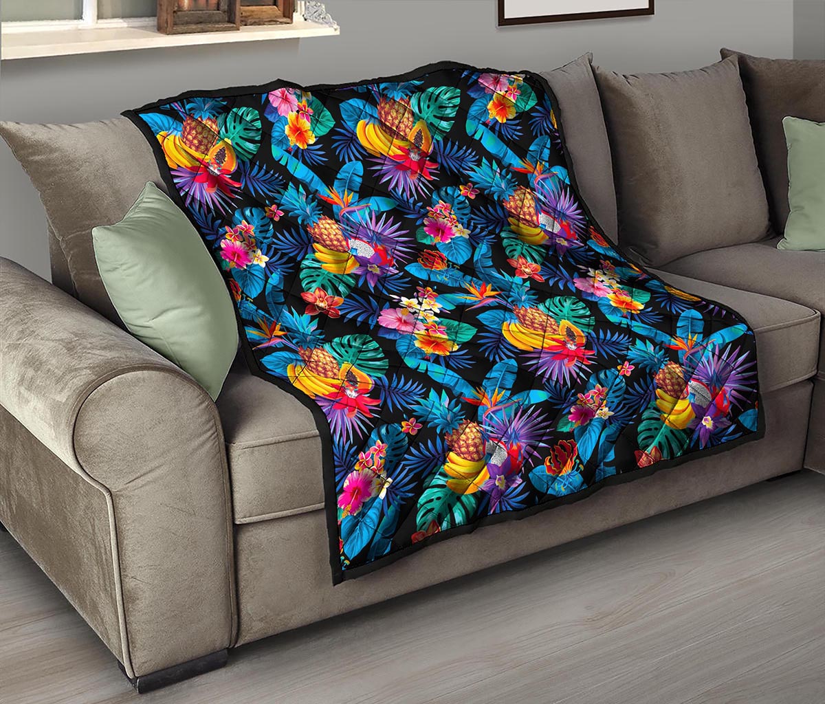 Turquoise Hawaiian Fruits Pattern Print Quilt