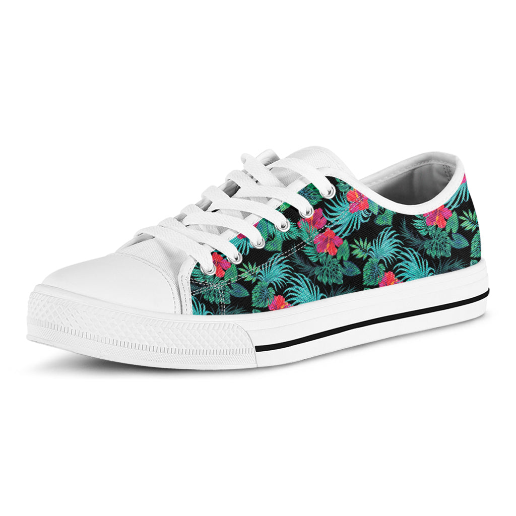 Turquoise Hawaiian Palm Leaves Print White Low Top Shoes