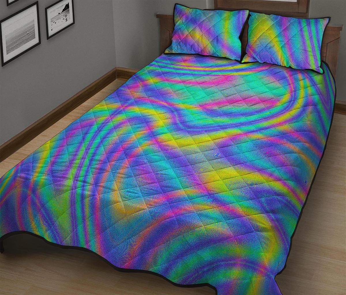 Turquoise Holographic Trippy Print Quilt Bed Set