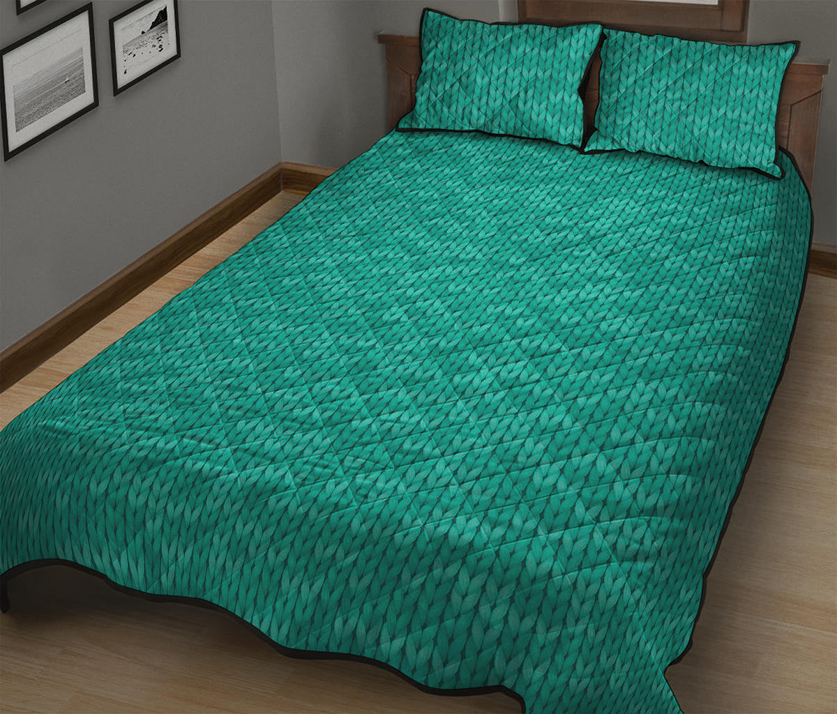 Turquoise Knitted Pattern Print Quilt Bed Set