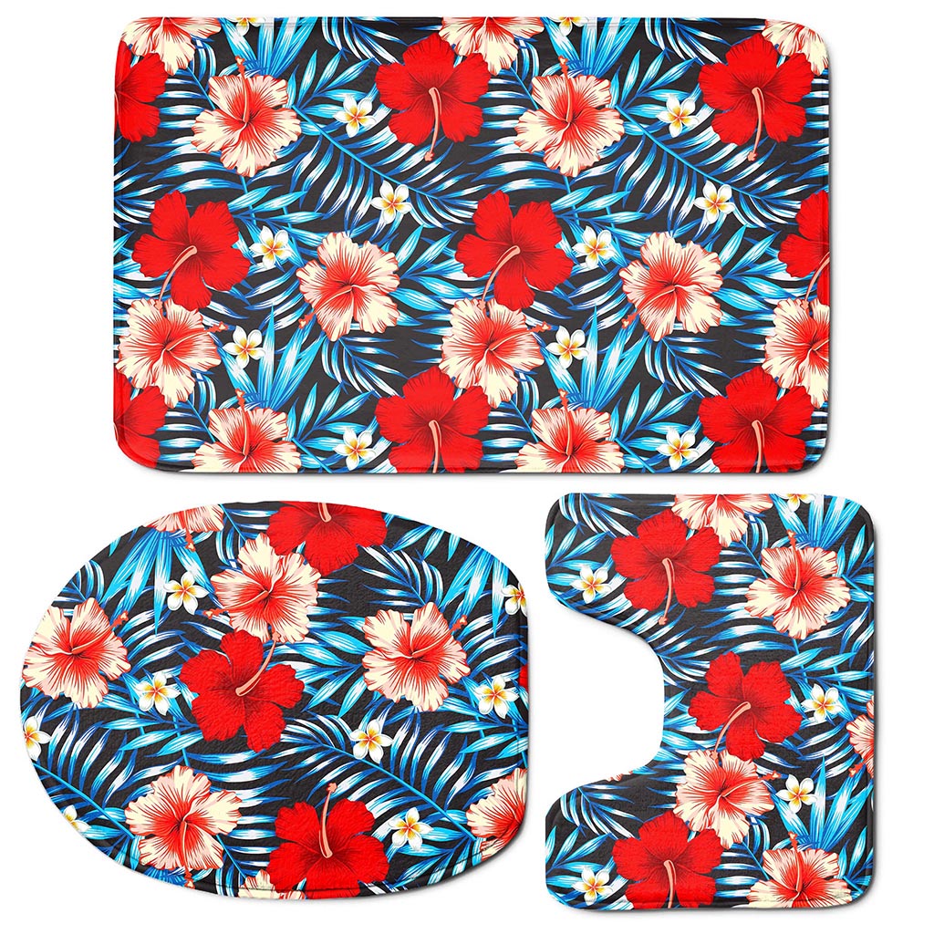 Turquoise Leaves Hibiscus Pattern Print 3 Piece Bath Mat Set