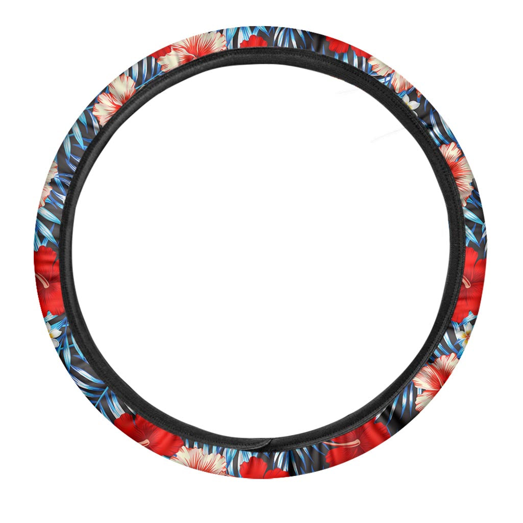 Turquoise Leaves Hibiscus Pattern Print Car Steering Wheel Cover