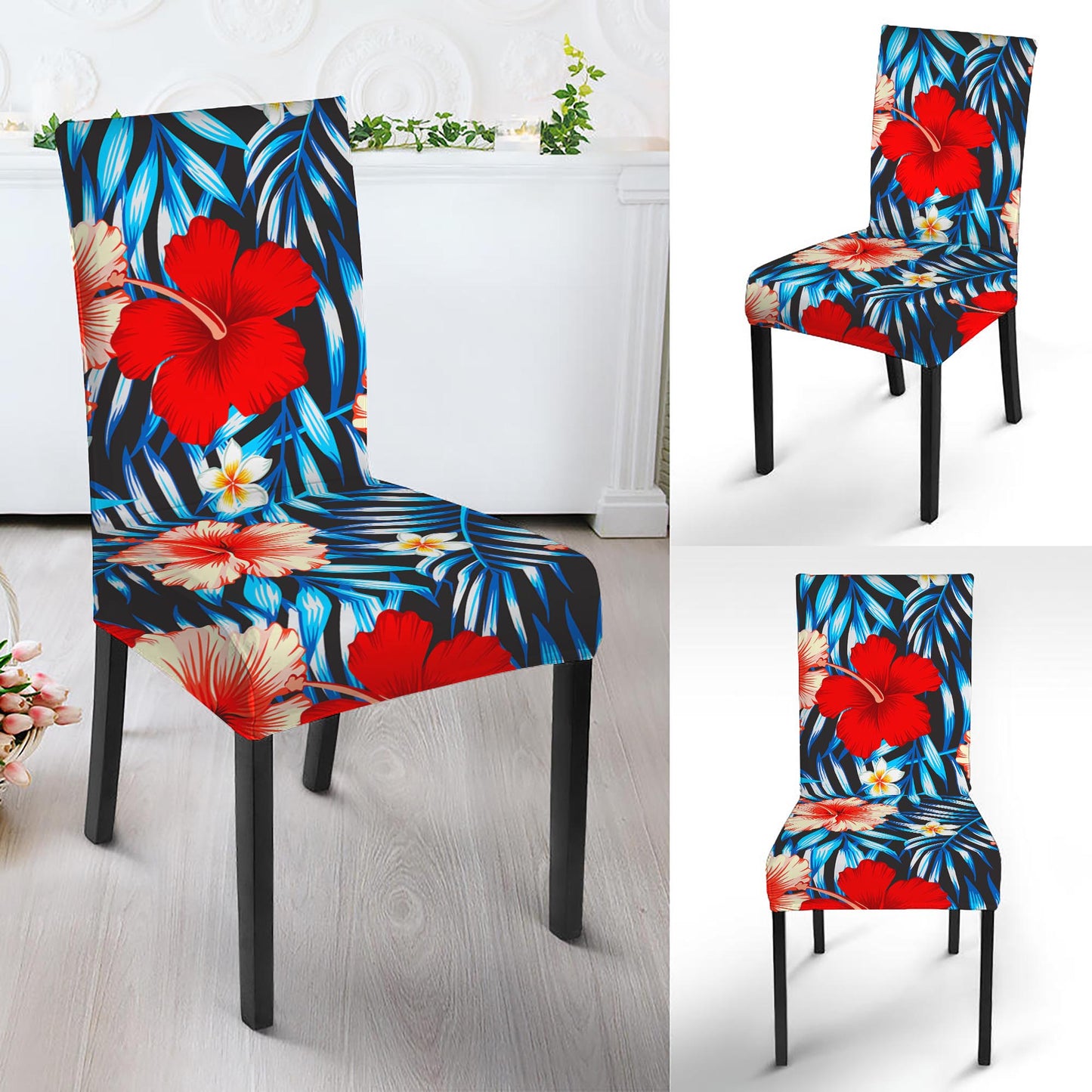 Turquoise Leaves Hibiscus Pattern Print Dining Chair Slipcover