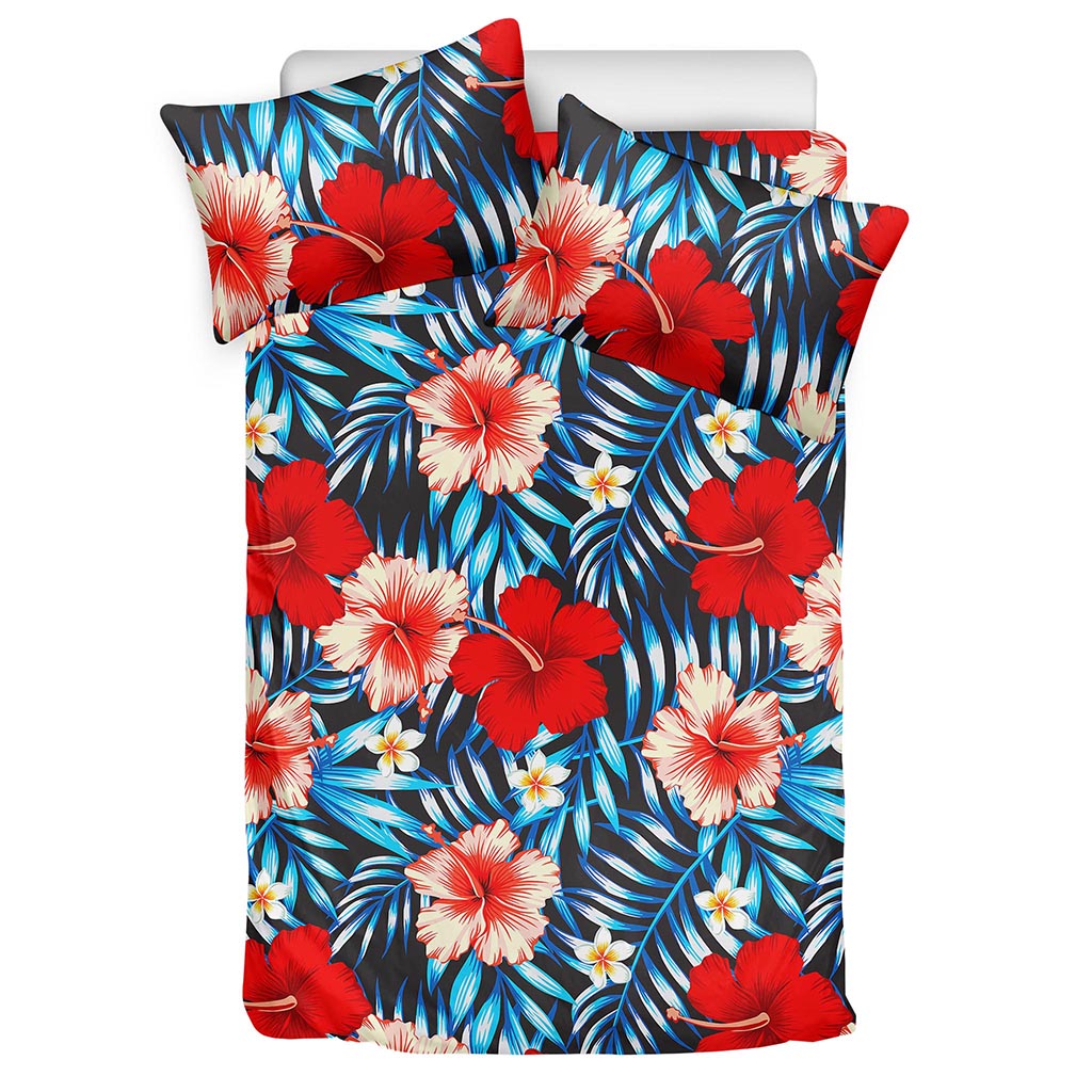 Turquoise Leaves Hibiscus Pattern Print Duvet Cover Bedding Set