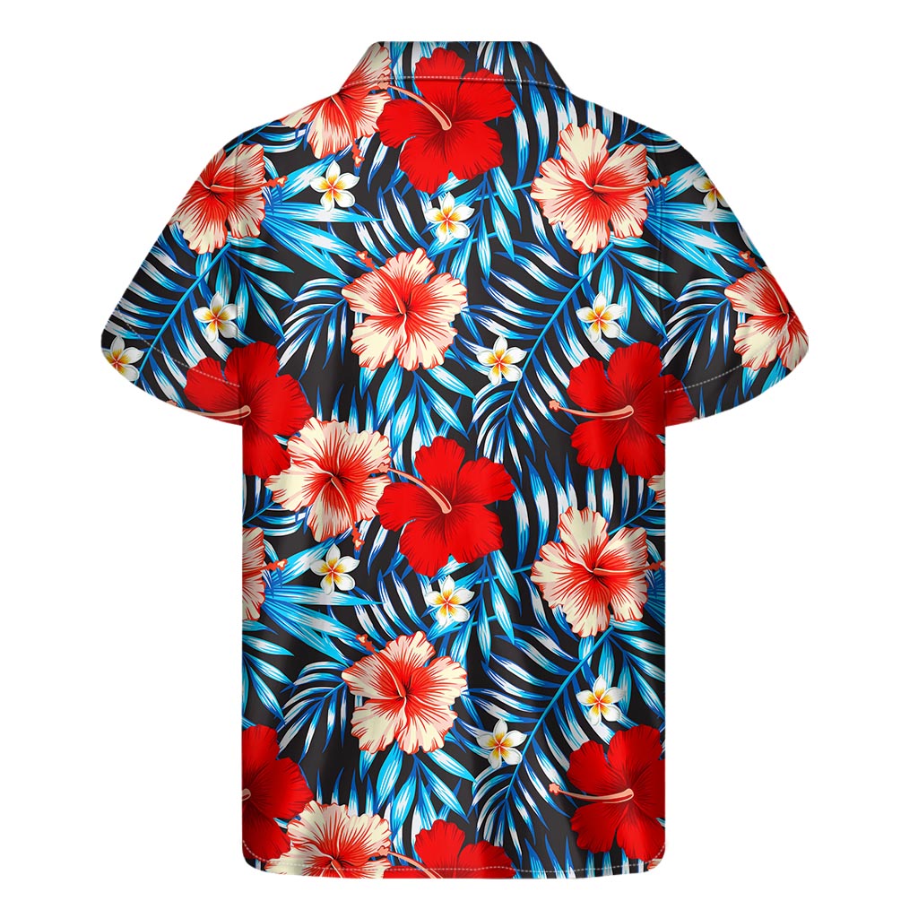 Turquoise Leaves Hibiscus Pattern Print Men's Short Sleeve Shirt
