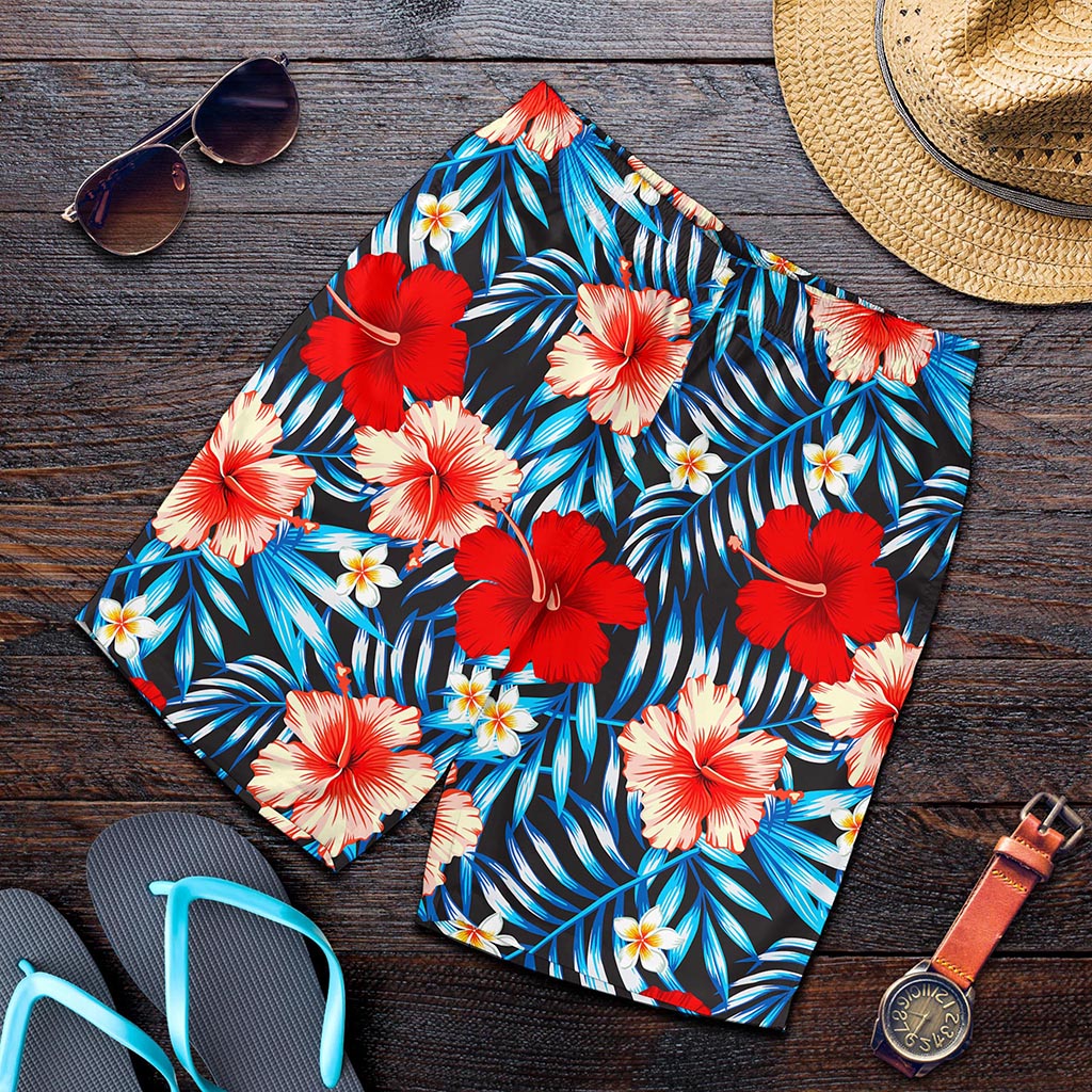 Turquoise Leaves Hibiscus Pattern Print Men's Shorts