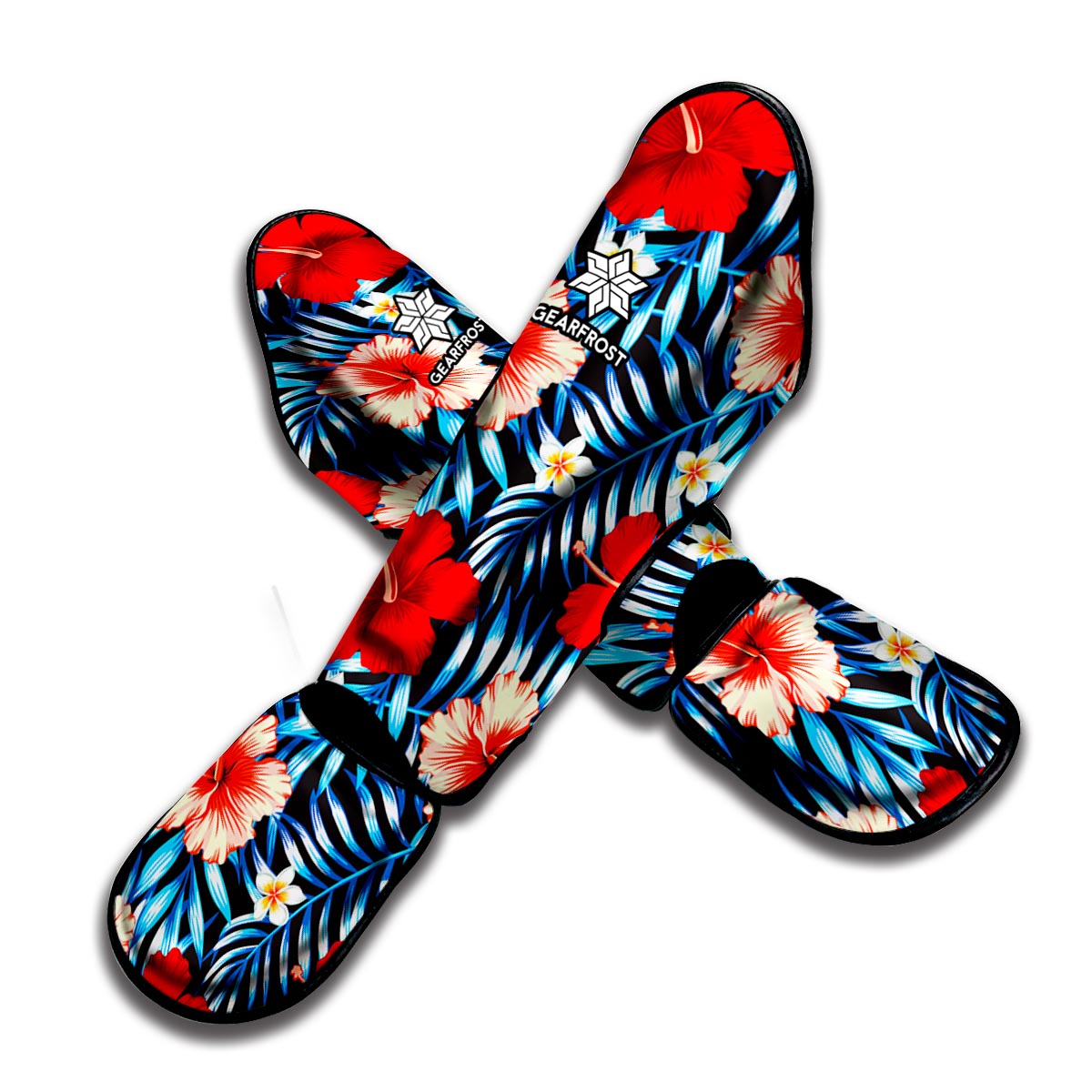 Turquoise Leaves Hibiscus Pattern Print Muay Thai Shin Guard