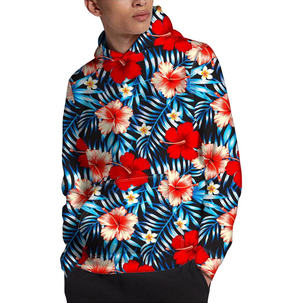 Turquoise Leaves Hibiscus Pattern Print Pullover Hoodie