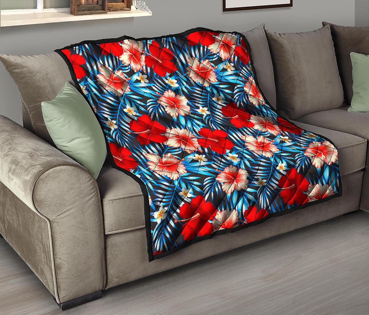 Turquoise Leaves Hibiscus Pattern Print Quilt
