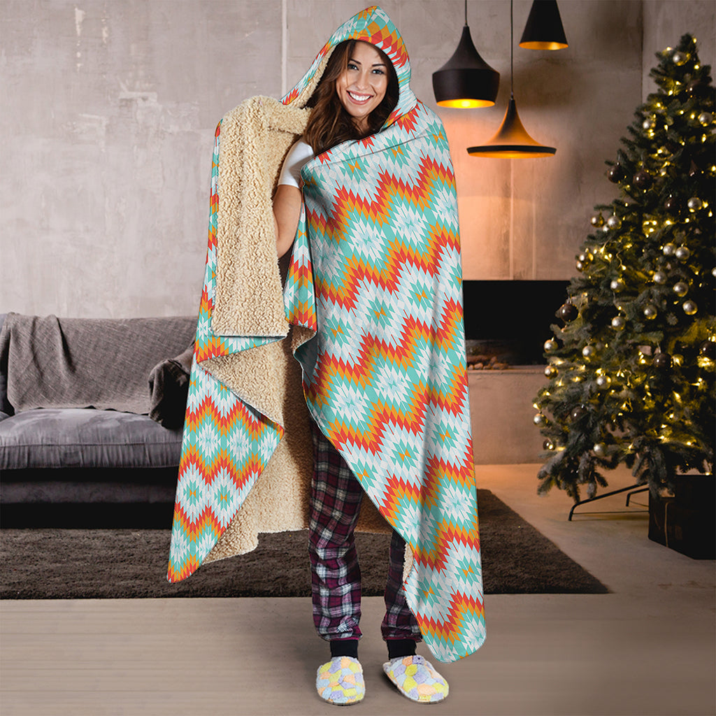 Turquoise Native American Pattern Print Hooded Blanket